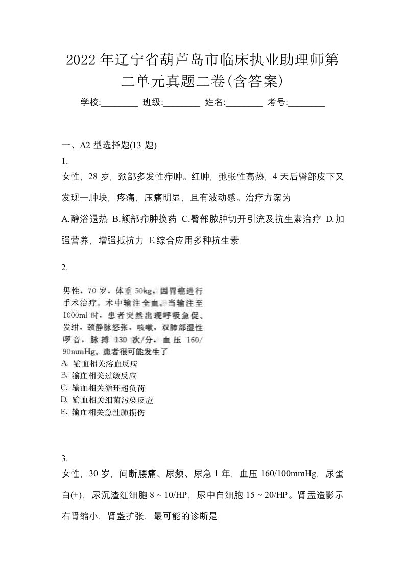 2022年辽宁省葫芦岛市临床执业助理师第二单元真题二卷含答案