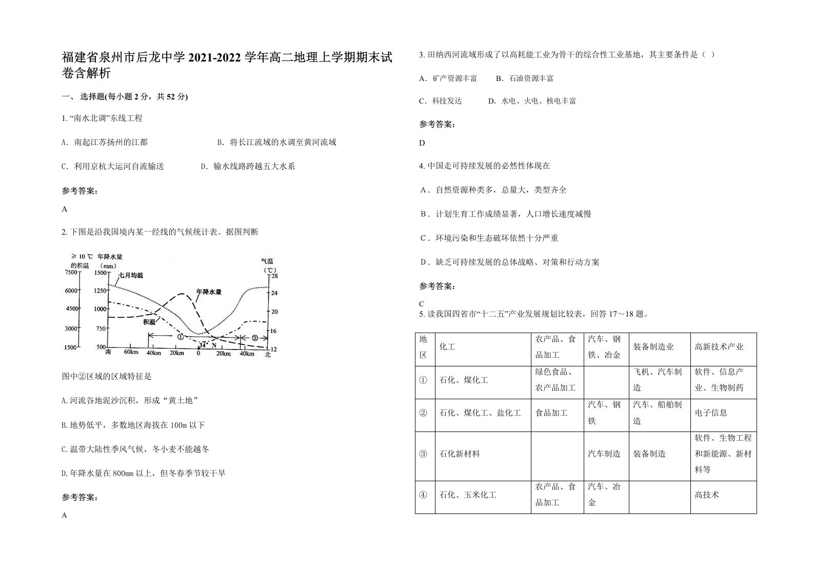 福建省泉州市后龙中学2021-2022学年高二地理上学期期末试卷含解析