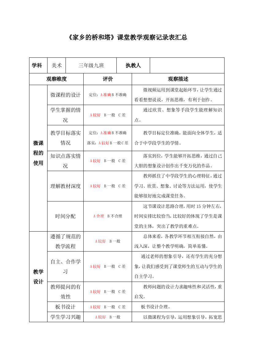 人教版小学三年级美术下册《家乡的桥和塔》观课报告