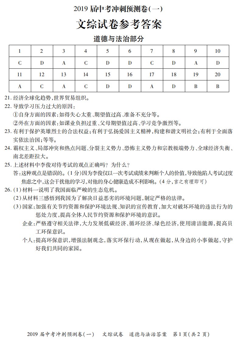 贵州省黔东南黔西南2019届九年级道德与法治模拟试卷答案