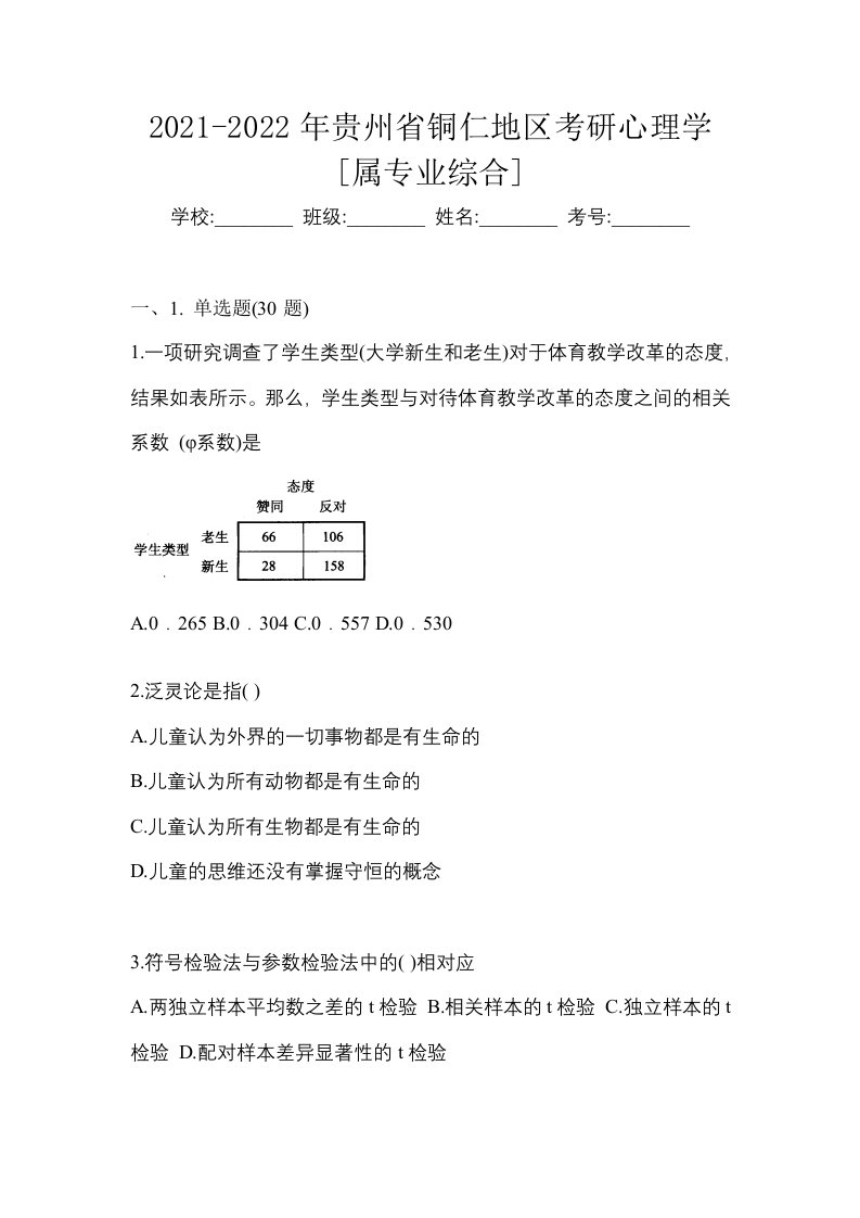 2021-2022年贵州省铜仁地区考研心理学属专业综合