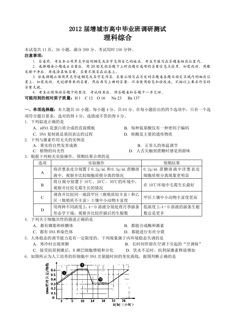 2012届增城市高中毕业班调研测试理科综合