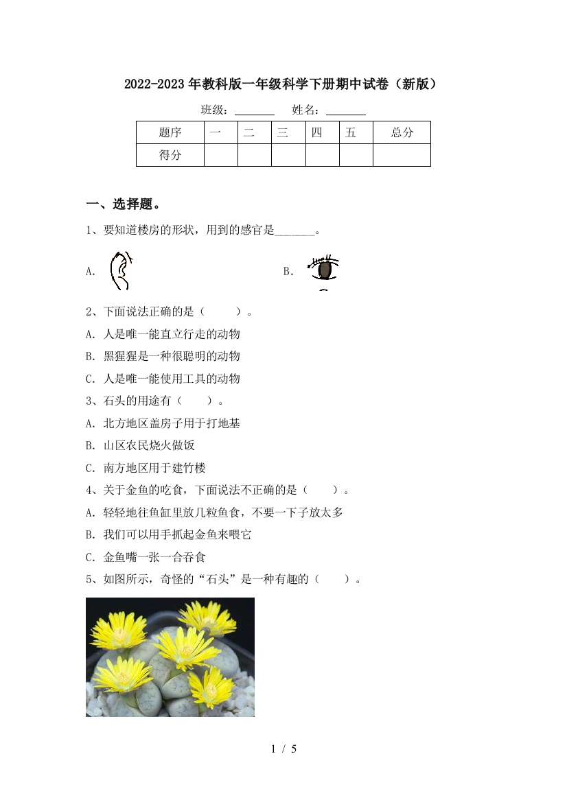 2022-2023年教科版一年级科学下册期中试卷(新版)