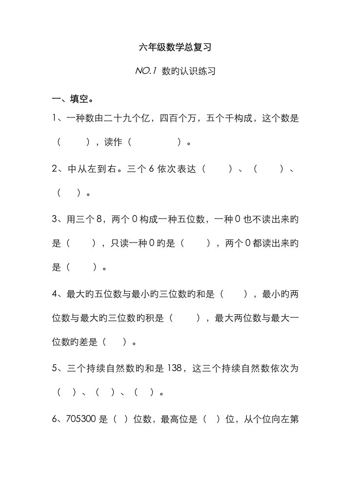 2023年小学六年级数学总复习新版题库分类