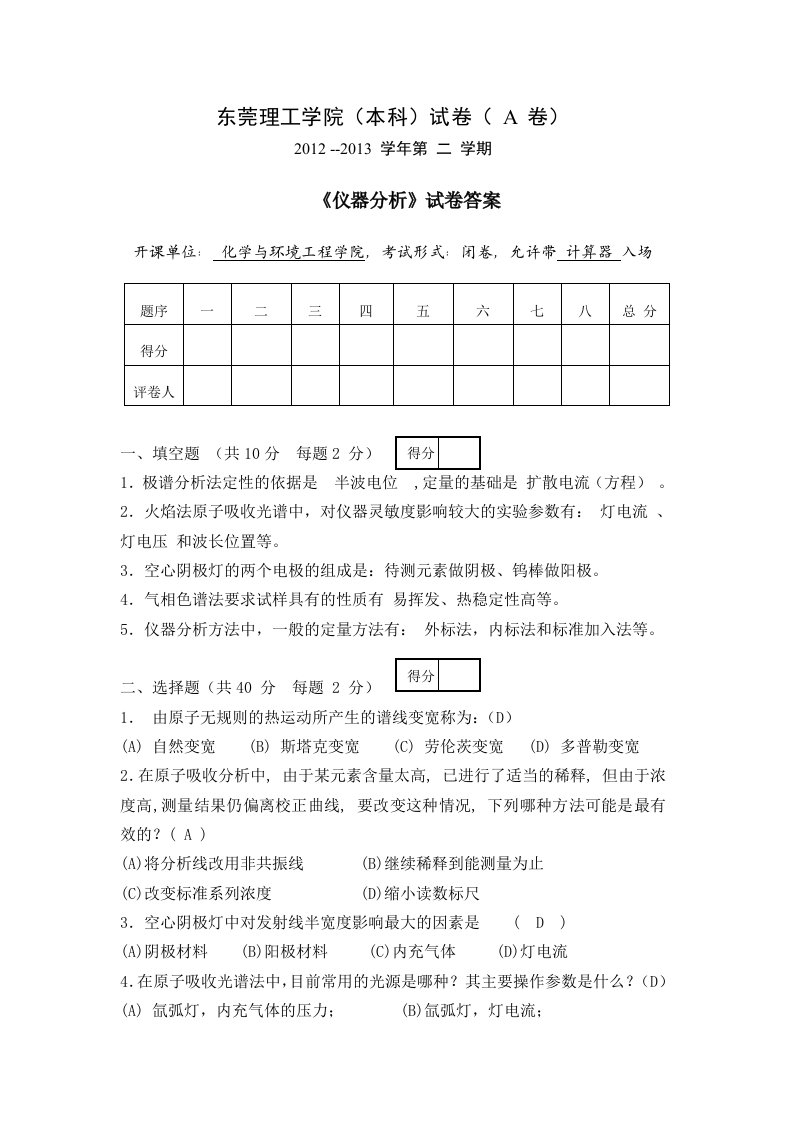 东莞理工学院仪器分析题A答案