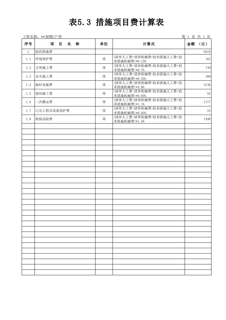 施工组织-表53措施项目费计算表