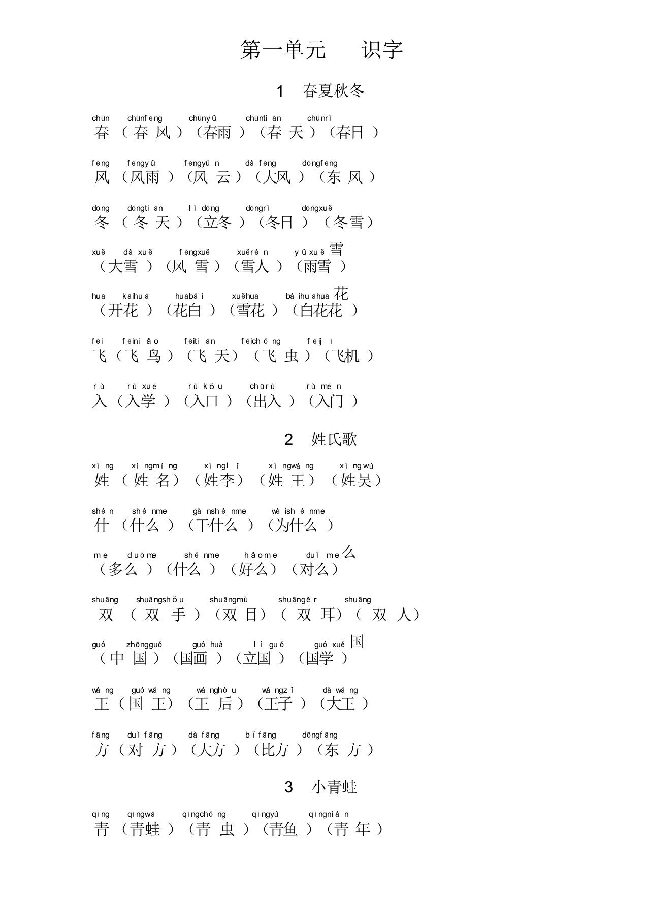 一年级语文下册一类字(带注音)