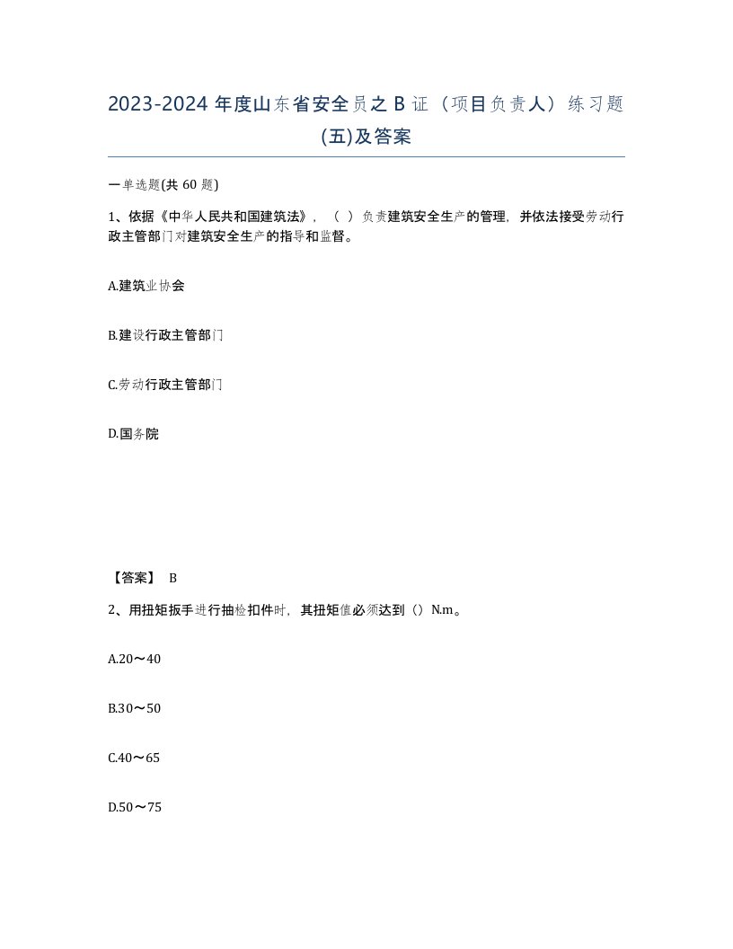 2023-2024年度山东省安全员之B证项目负责人练习题五及答案