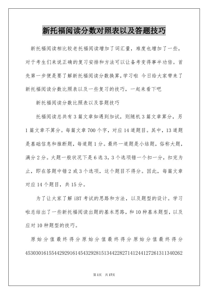 新托福阅读分数对照表以及答题技巧