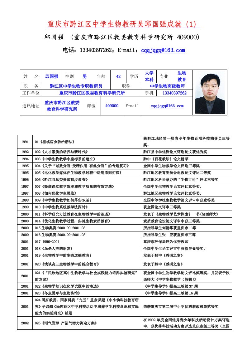 精选重庆市黔江区中学生物教研员邱国强成就1