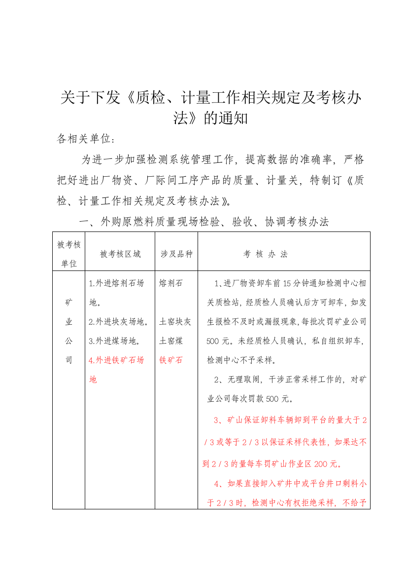 《质检、计量工作相关规定及考核办法》讨论稿