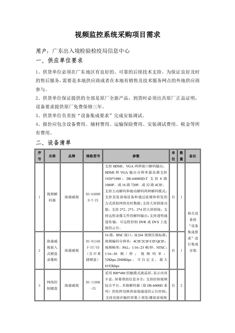 视频监控系统采购项目需求