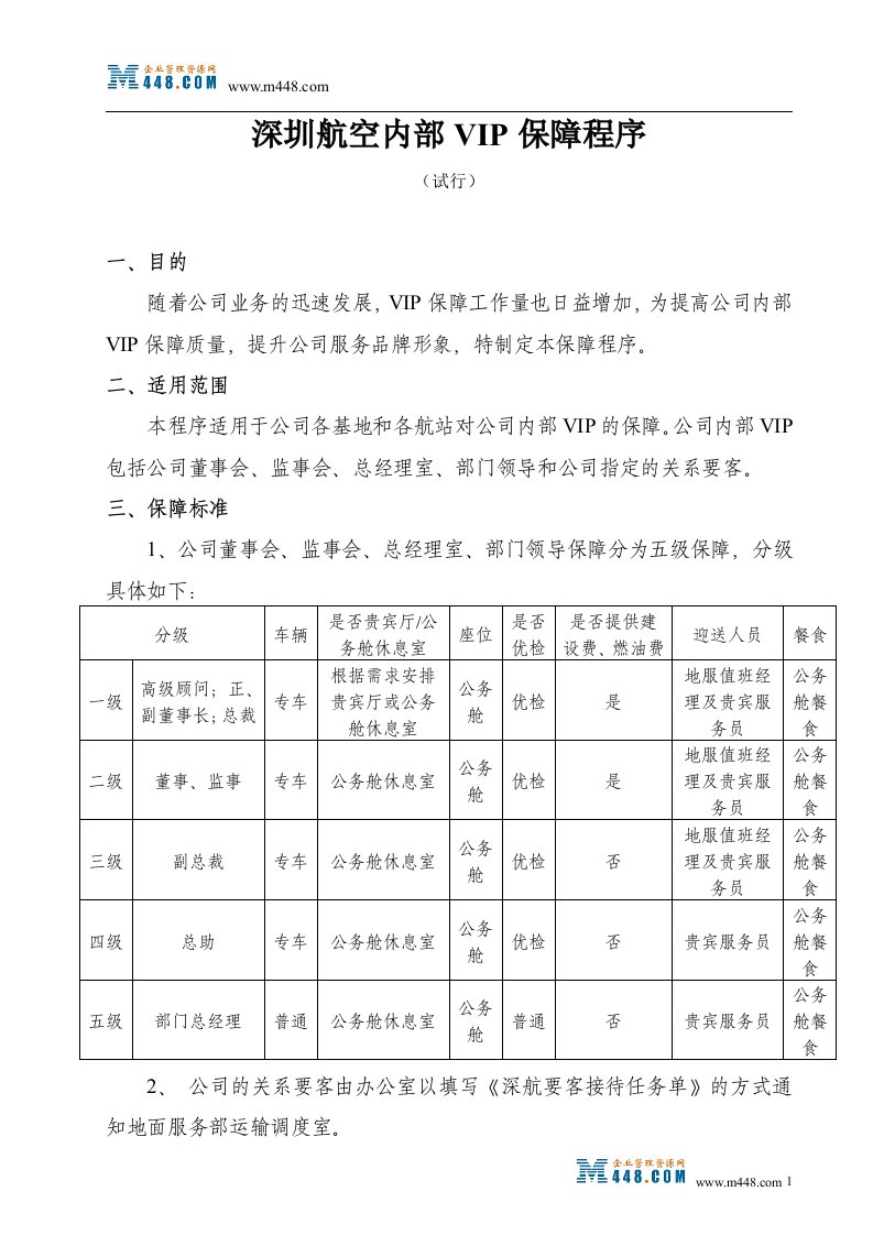 《深圳航空公司内部VIP保障控制程序》(doc)-程序文件