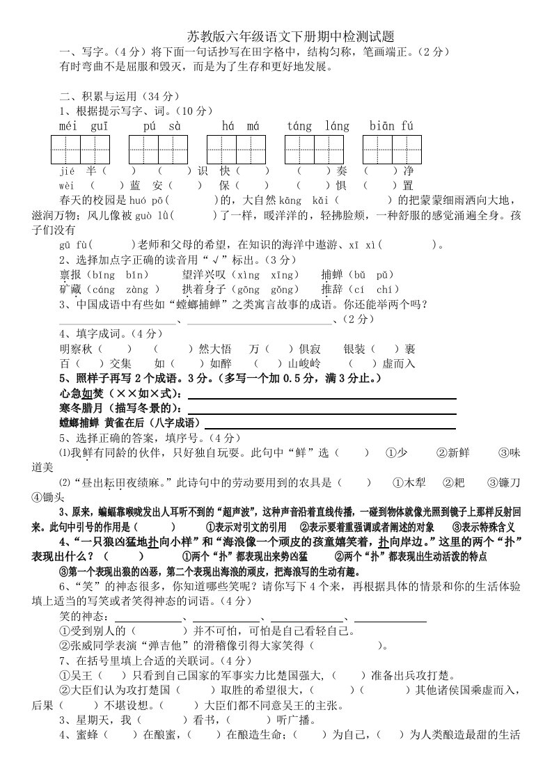 苏教版六年级语文下册期中检测试题