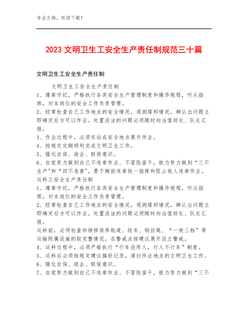 2023文明卫生工安全生产责任制规范三十篇