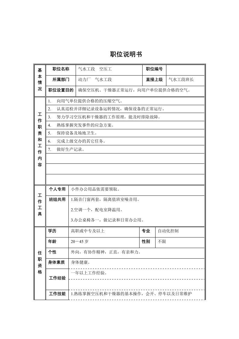 岗位职责-气水工段空压工职位说明书