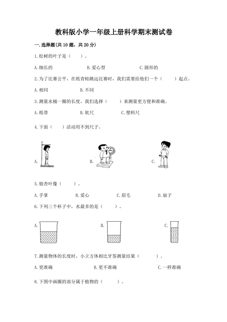 教科版小学一年级上册科学期末测试卷【模拟题】