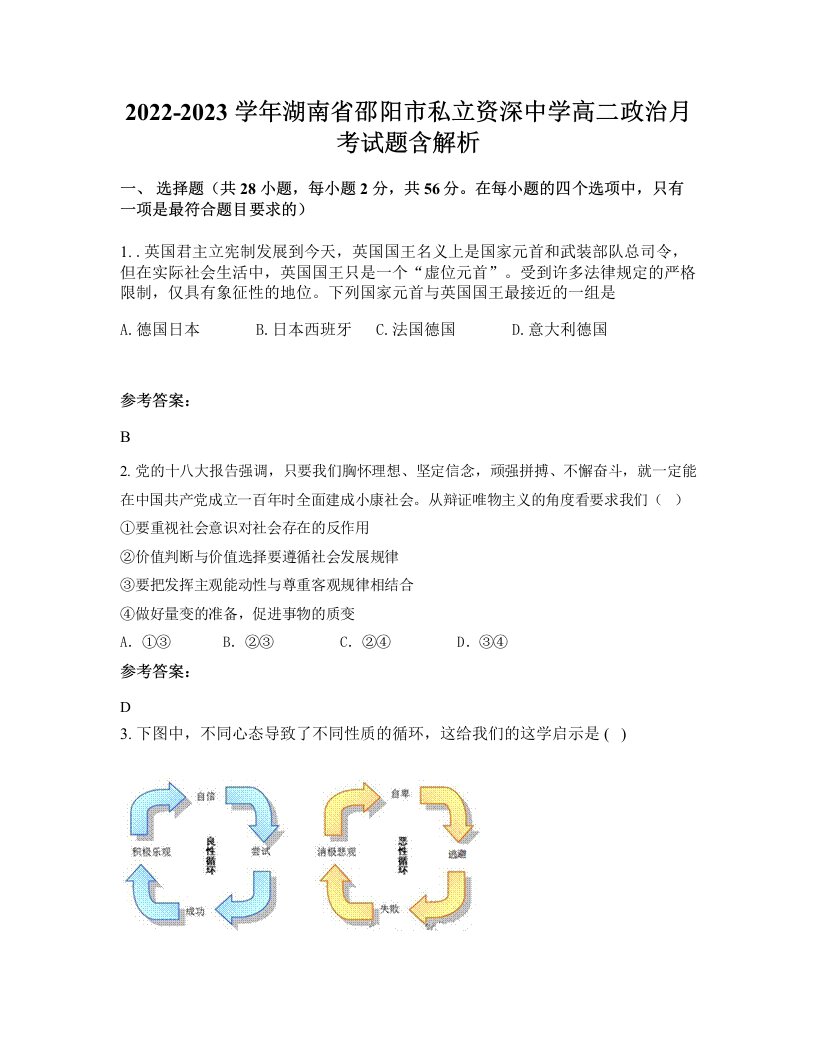 2022-2023学年湖南省邵阳市私立资深中学高二政治月考试题含解析