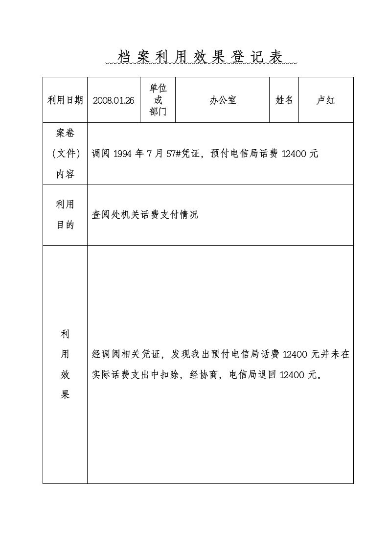 档案利用效果登记表