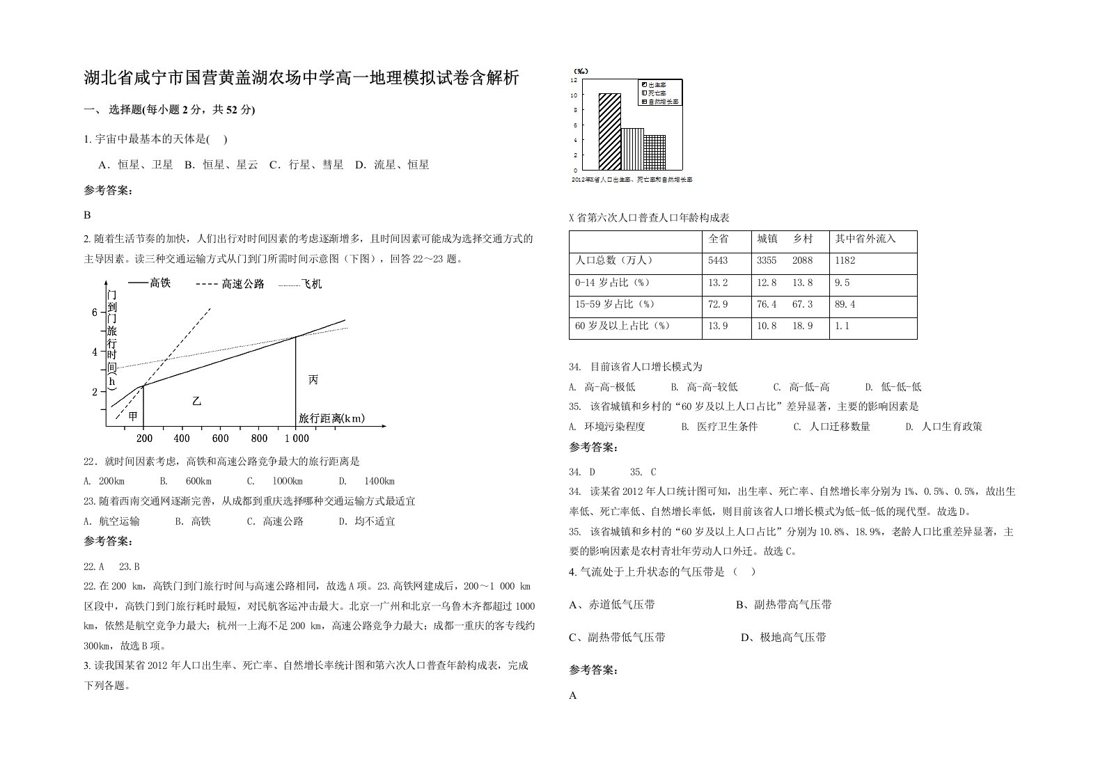 湖北省咸宁市国营黄盖湖农场中学高一地理模拟试卷含解析