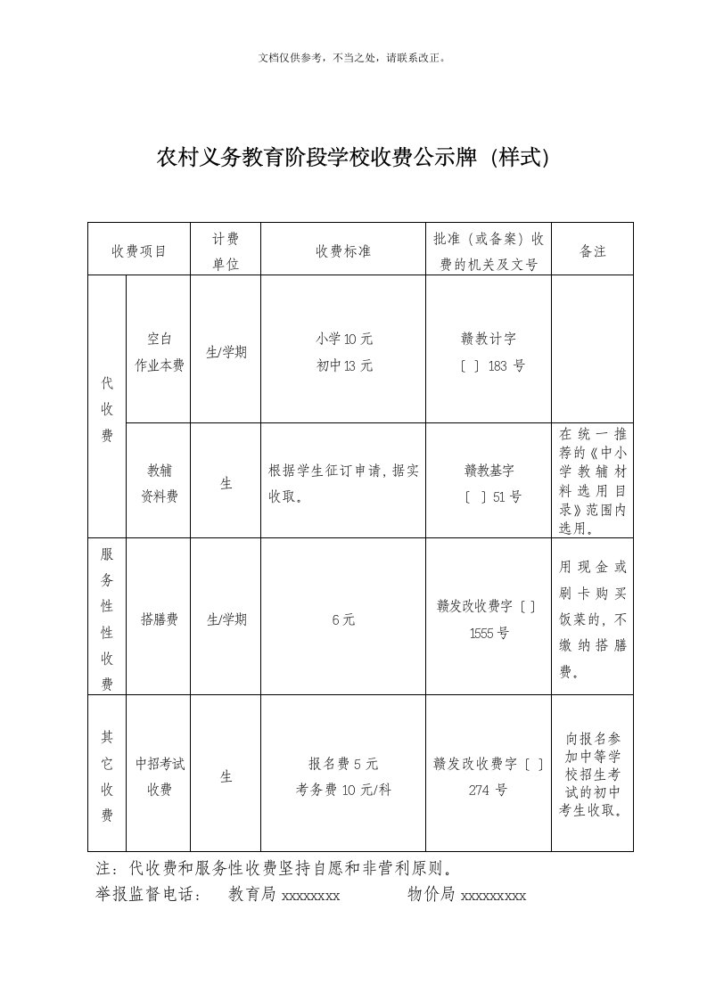 农村义务教育阶段学校收费公示牌样式