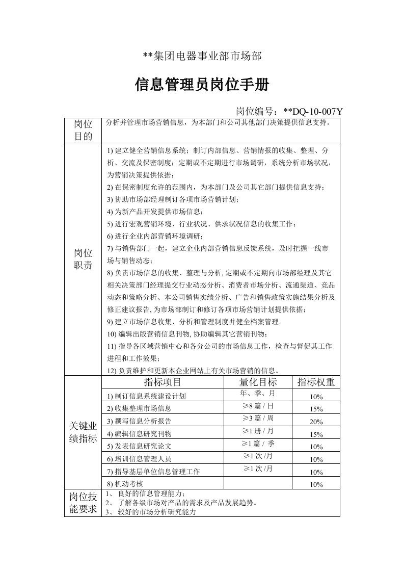 【企业管理】电器事业部市场部信息管理员岗位手册一