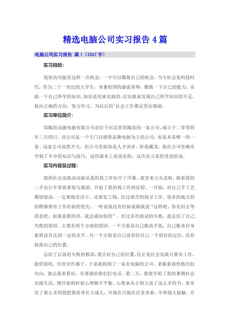 精选电脑公司实习报告4篇