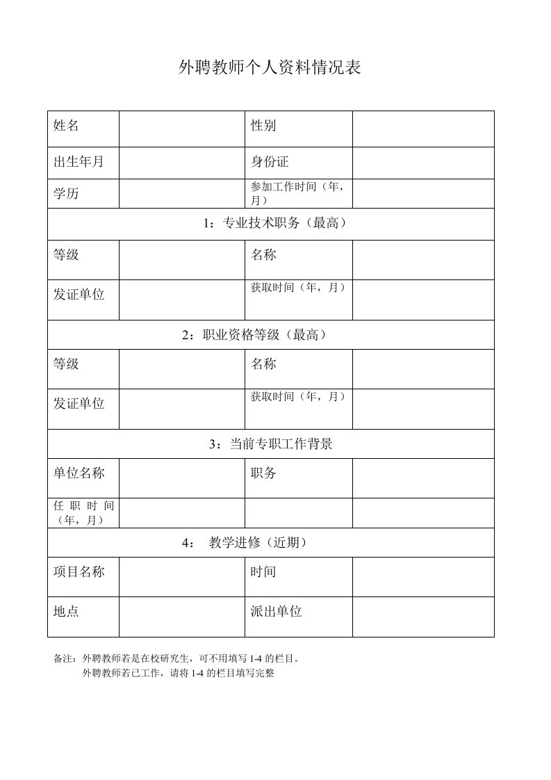 外聘教师个人资料情况表