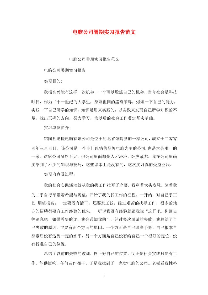 精选电脑公司暑期实习报告范文