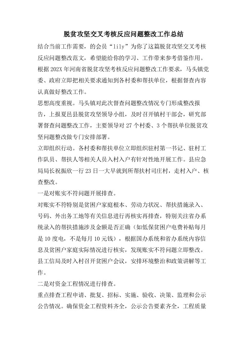 脱贫攻坚交叉考核反馈问题整改工作总结