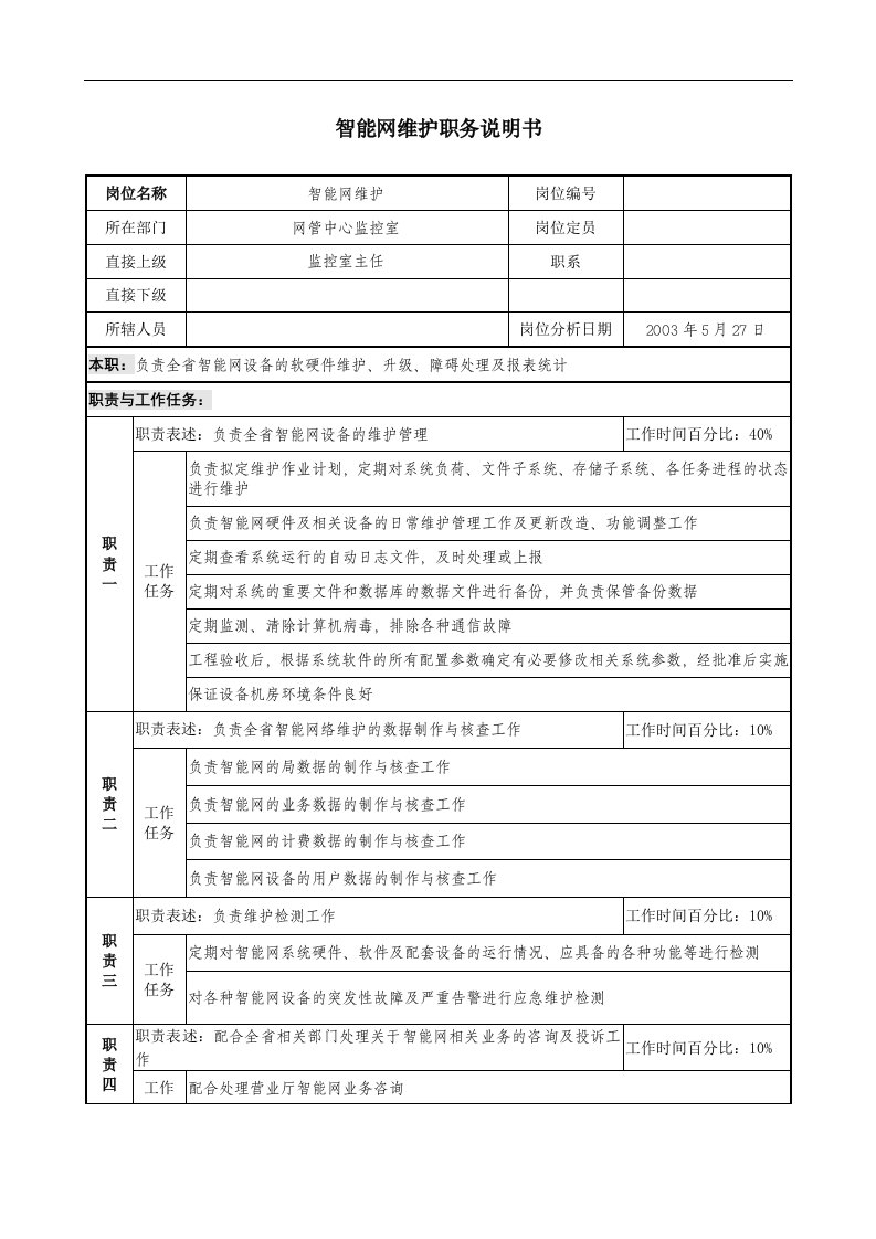 材料行业-网管中心监控室-智能网维护岗位说明书