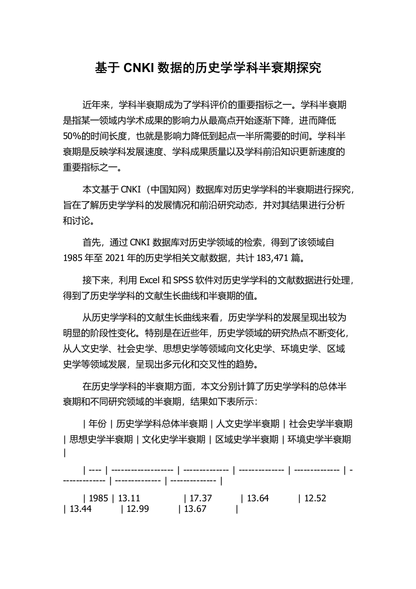 基于CNKI数据的历史学学科半衰期探究