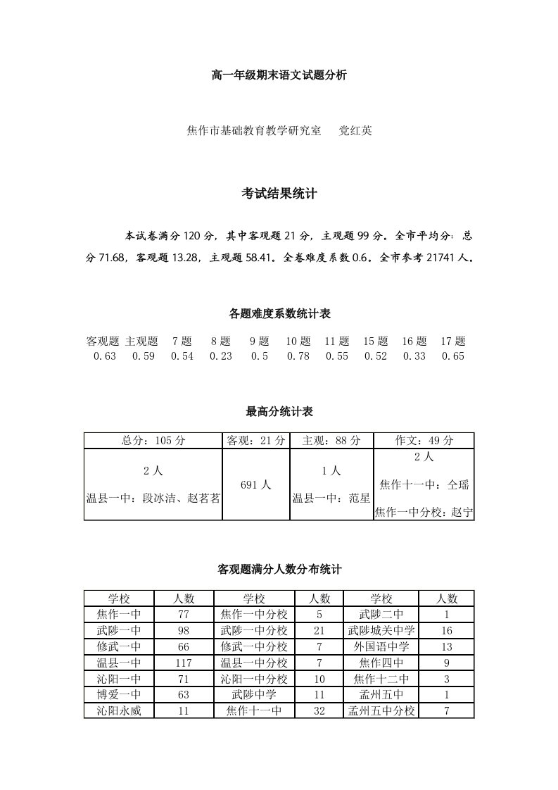 焦作2011高一年级期末语文试题分析