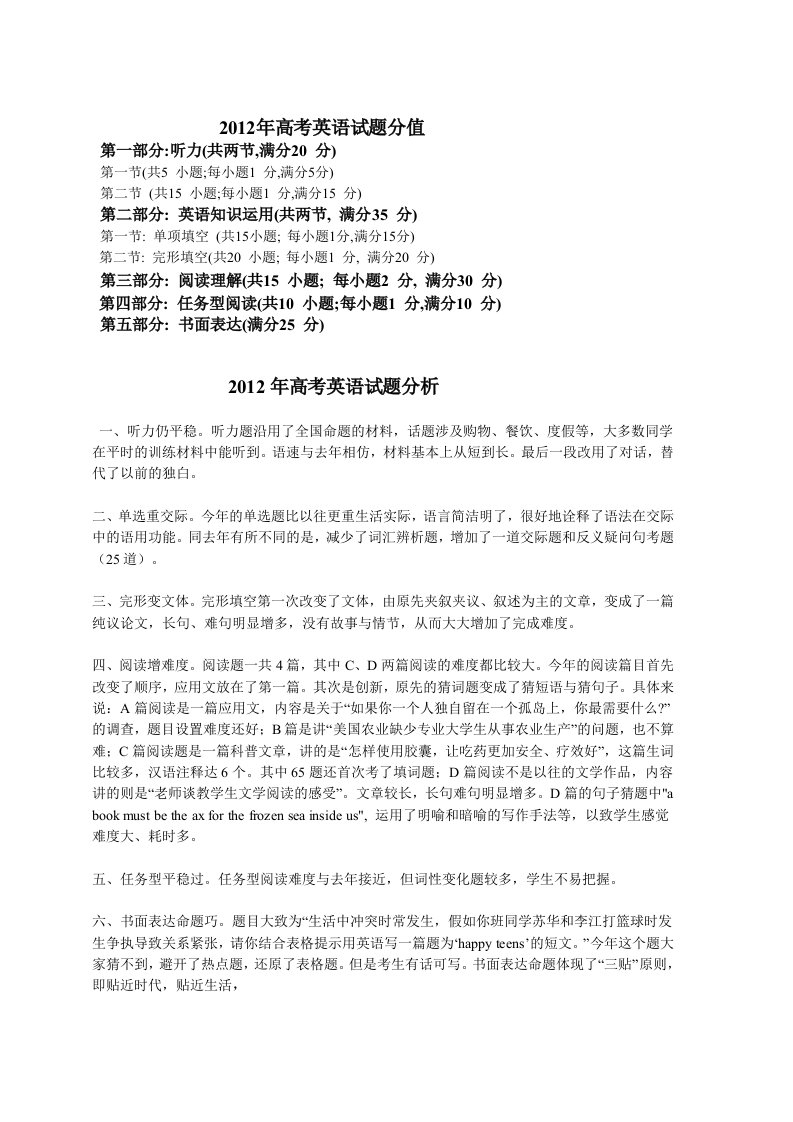 2012年高考英语试卷分值及分析