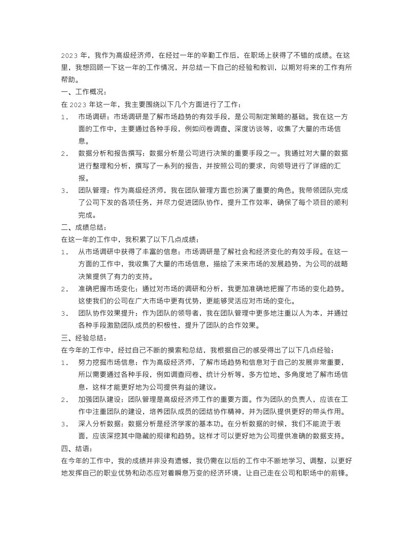 2023年高级经济师年终工作总结精选