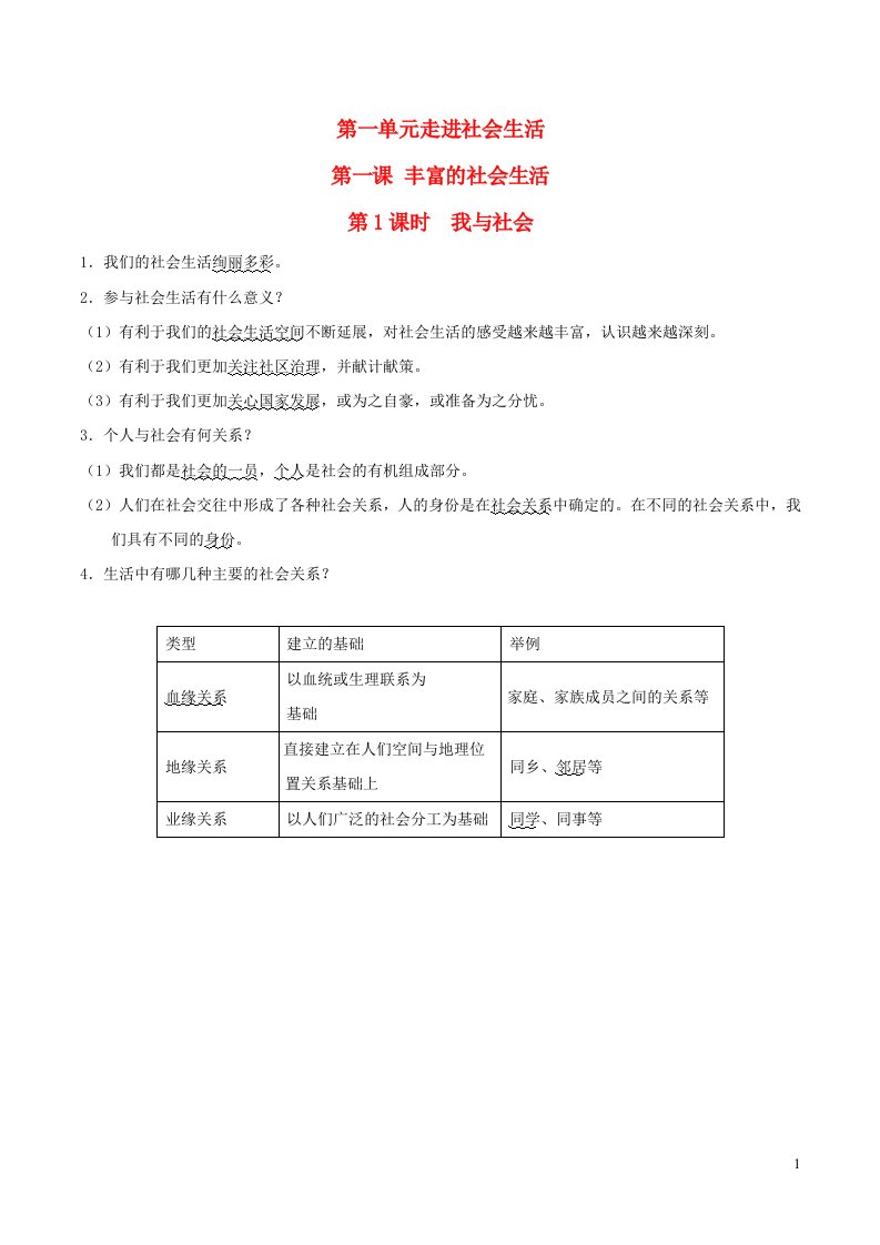 河北专版2021秋八年级道德与法治上册第1单元走进社会生活第1课丰富的社会生活第1框我与社会背记手册新人教版