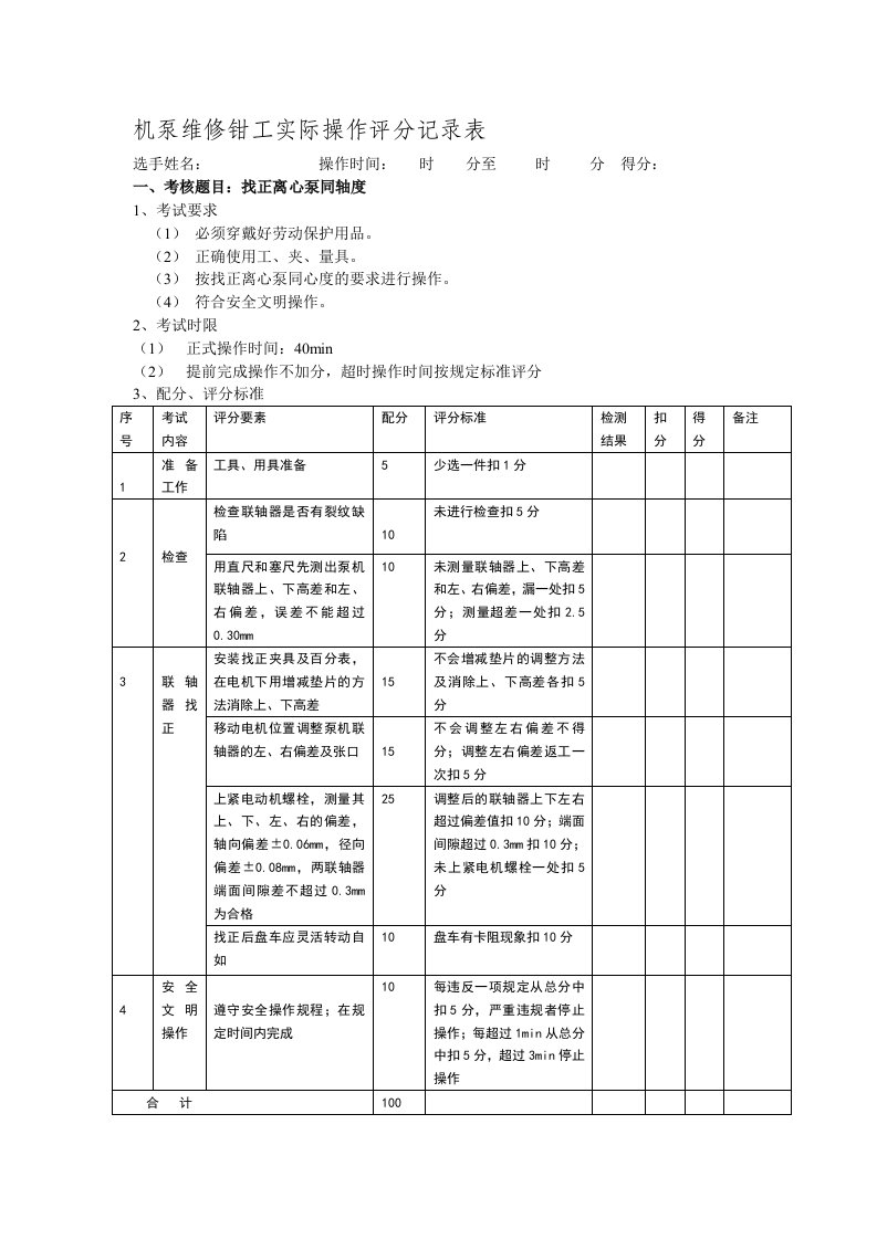 机泵维修钳工实际操作题评分标准