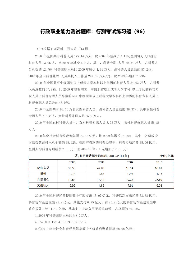 行政职业能力测试题库行测考试练习题(96)