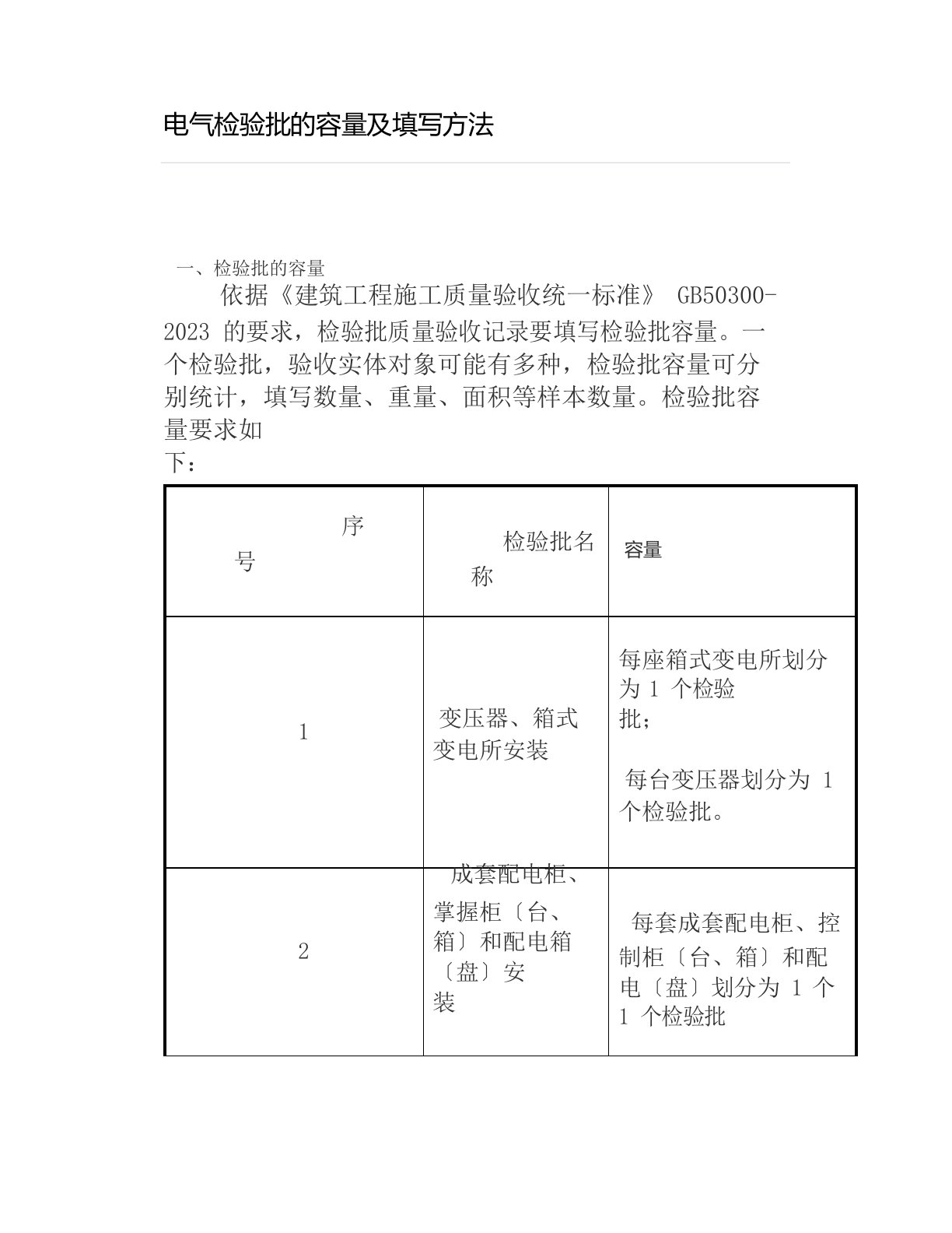 电气检验批的容量及填写方法