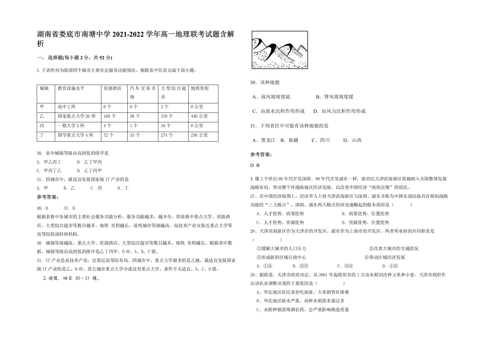 湖南省娄底市南塘中学2021-2022学年高一地理联考试题含解析