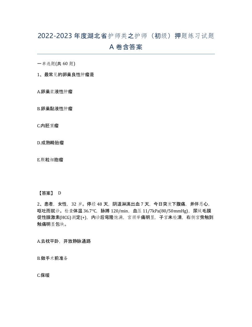 2022-2023年度湖北省护师类之护师初级押题练习试题A卷含答案