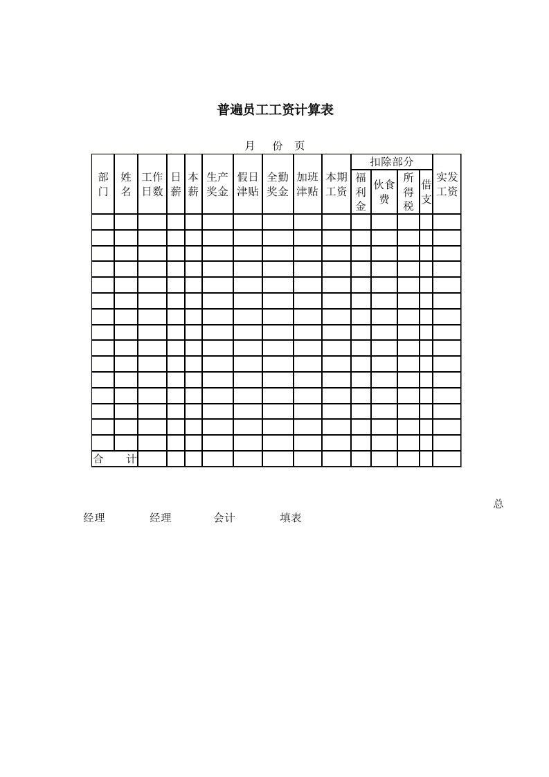 公司普遍员工工资明细计算表