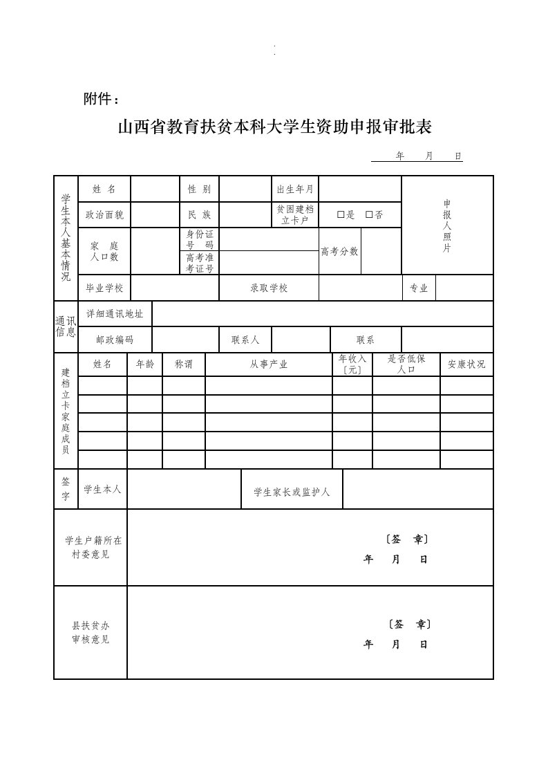 山西省教育扶贫本科大学生资助申报审批表复习模板