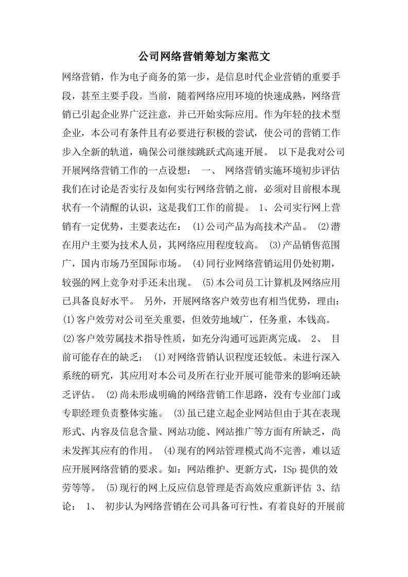 公司网络营销策划方案范文