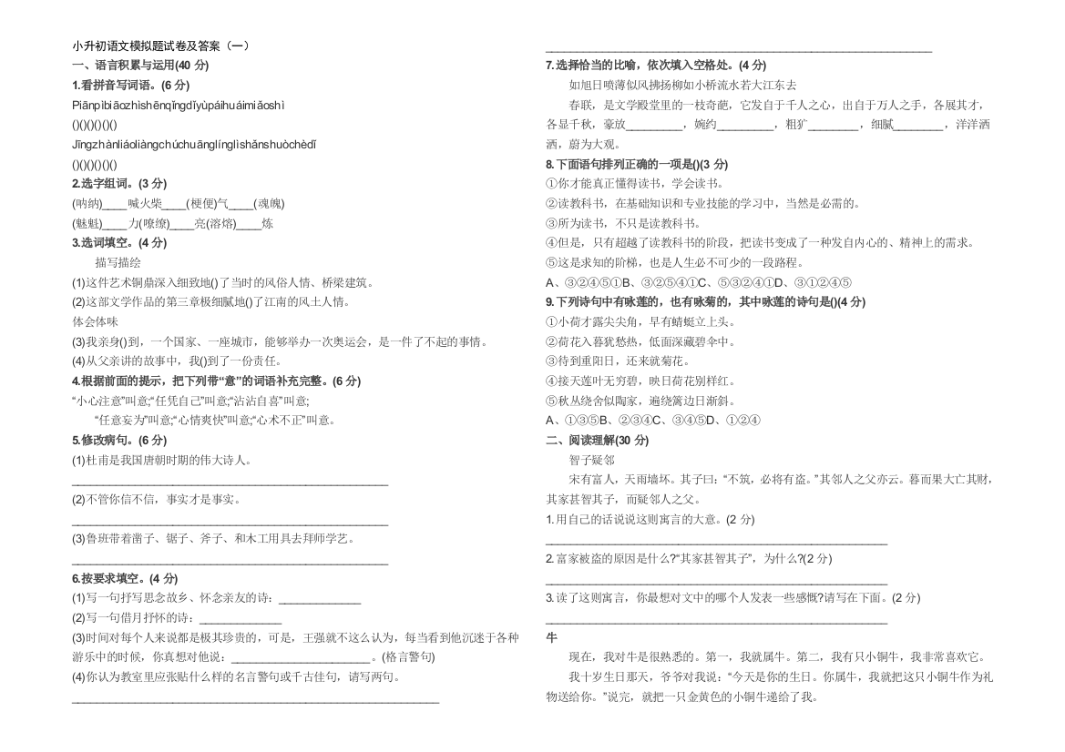 小升初语文模拟题试卷及答案试卷教案