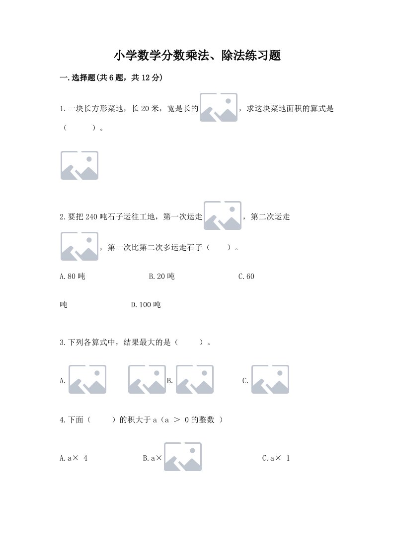 小学数学分数乘法、除法练习题及答案（各地真题）