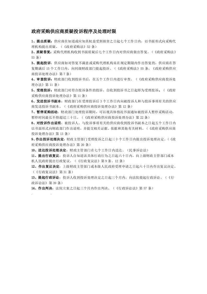 政府采购供应商质疑投诉程序及处理时限