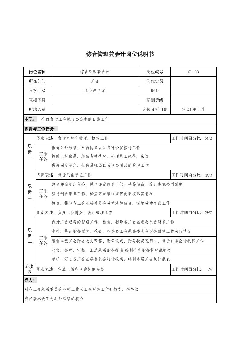 通信行业-工会-综合管理兼会计岗位说明书