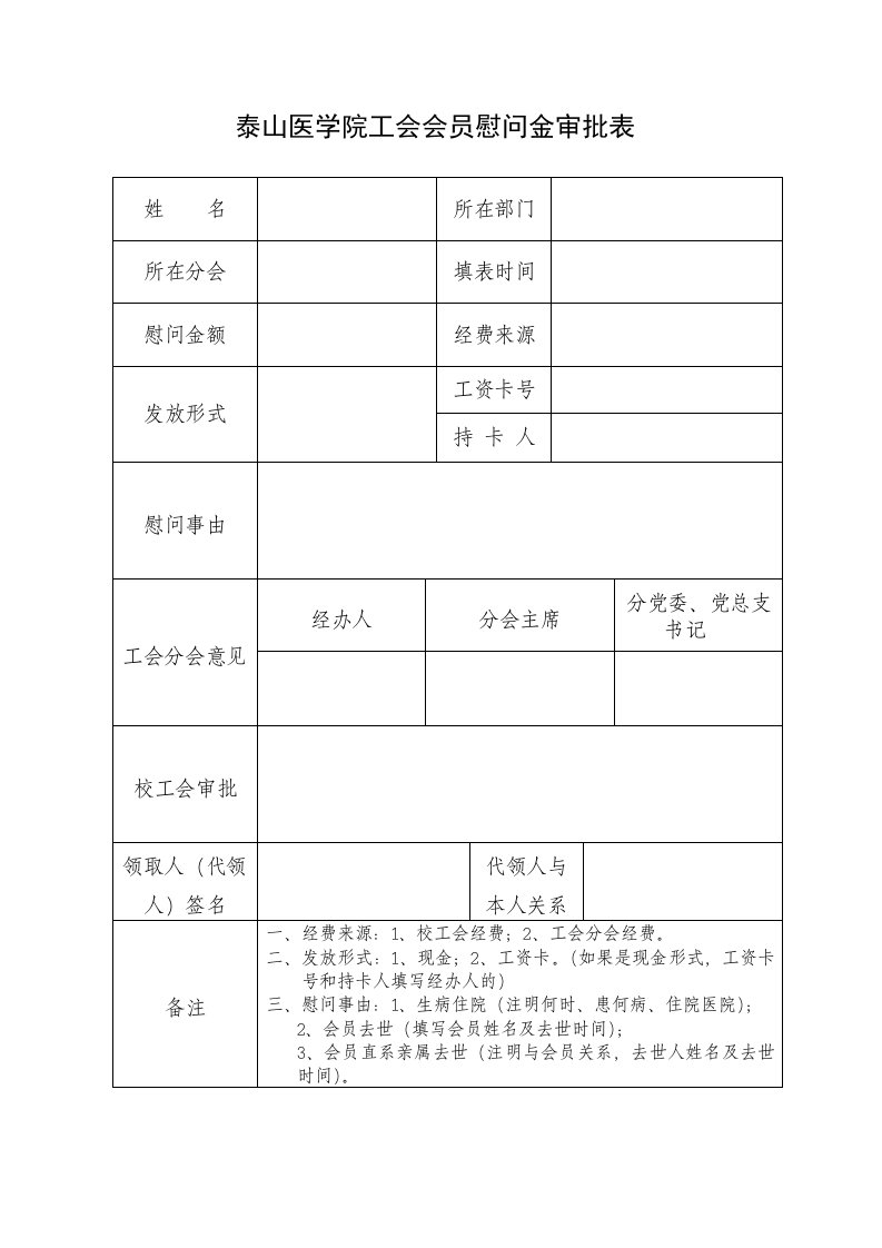 泰山医学院工会会员慰问金审批表