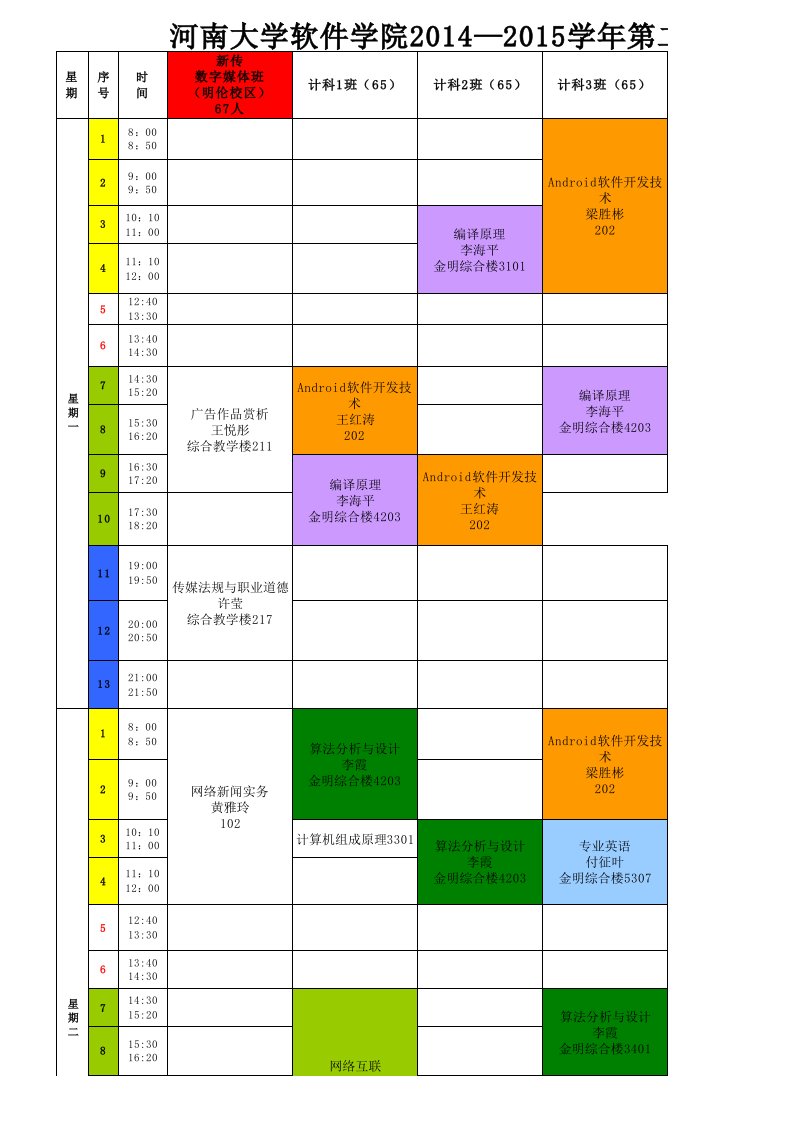 14—15学年第二学期课程表